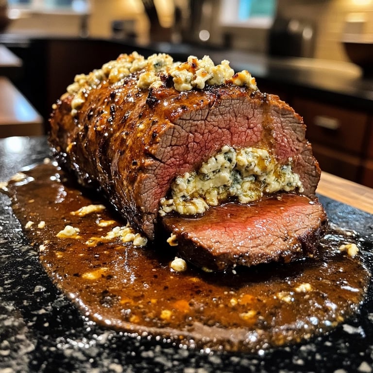 Gorgonzola-Stuffed Beef Tenderloin with Port Wine Sauce